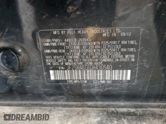 2013 Subaru Forester X Limited с VIN JF2SHAEC6DH430540, выставлен на аукционе Copart как лот 54252475 с пробегом 100 887 миль миль и Списание • Salvage title. История ставок и продаж доступна на DreamBid. Изображение 14.