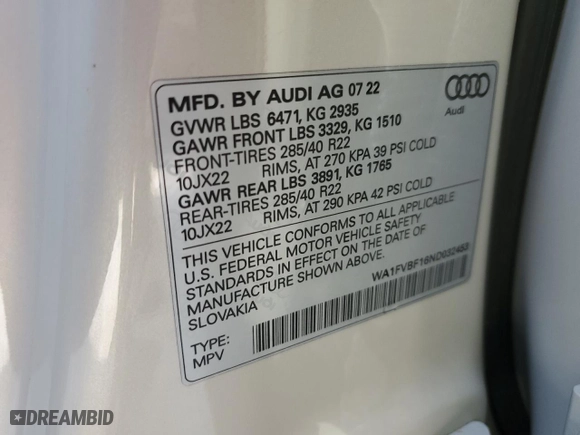 2022 Audi Q8 Prestige with VIN WA1FVBF16ND032453, listed as a Copart auction lot 76310174 with 7,288 mi miles and Non Repairable. Bid and sale history available at carsss.com. Image 14.