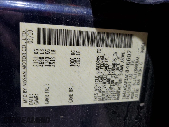 2010 Nissan Maxima SV with VIN 1N4AA5AP3AC846607, listed as a Copart auction lot 57780895 with 149,139 mi miles and Salvage title. Bid and sale history available at DreamBid. Image 12.