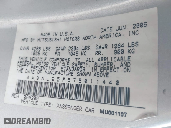 2007 Mitsubishi Eclipse GS with VIN 4A3AL25F67E011440, listed as a IAAI auction lot 41693452 with 192,585 mi miles and . Bid and sale history available at DreamBid. Image 9.