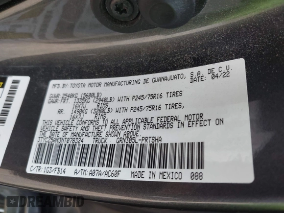 2022 Toyota Tacoma SR with VIN 3TYCZ5AN3NT078324, listed as a IAAI auction lot 42007132 with 35,802 mi miles and . Bid and sale history available at DreamBid. Image 9.