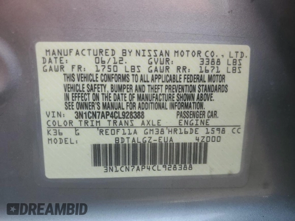 2012 Nissan Versa SV z VIN 3N1CN7AP4CL928388, wystawiony jako Copart lot #59382405 z przebiegiem 198 767 mil mil oraz Szkoda całkowita • Salvage title. Historia ofert i sprzedaży dostępna na DreamBid. Obrazek 13.