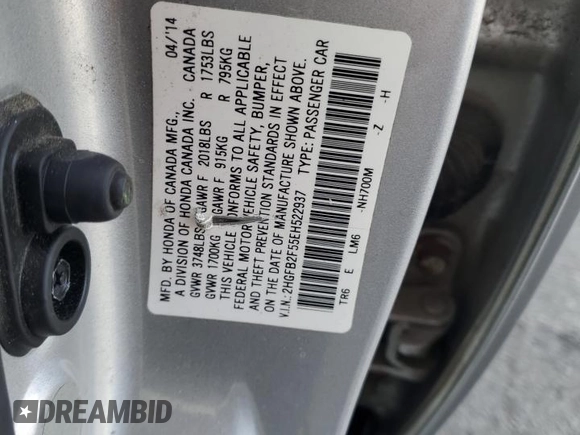 2014 Honda Civic LX z VIN 2HGFB2F55EH522937, wystawiony jako Copart lot #55360445 z przebiegiem 128 422 mil mil oraz Szkoda całkowita • Salvage title. Historia ofert i sprzedaży dostępna na DreamBid. Obrazek 12.