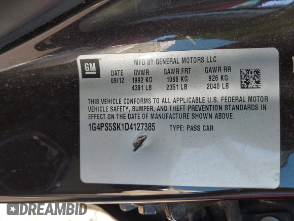 2013 Buick Verano Group with VIN 1G4PS5SK1D4127385, listed as a IAAI auction lot 41983570 with 221,359 mi miles and . Bid and sale history available at DreamBid. Image 9.