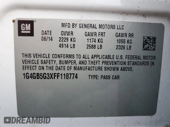 2015 Buick LaCrosse Leather with VIN 1G4GB5G3XFF118774, listed as a Copart auction lot 64457364 with 76,182 mi miles and Salvage Title. Bid and sale history available at DreamBid. Image 14.