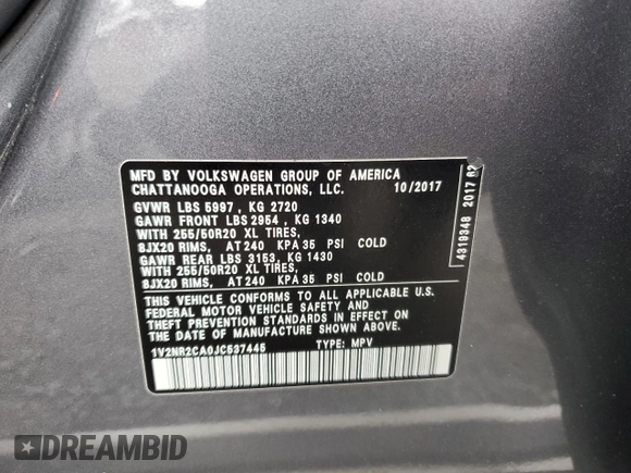 2018 Volkswagen Atlas SEL Premium z VIN 1V2NR2CA0JC537445, wystawiony jako Copart lot #52964215 z przebiegiem 167 988 mil mil oraz Szkoda całkowita • Salvage title. Historia ofert i sprzedaży dostępna na DreamBid. Obrazek 15.