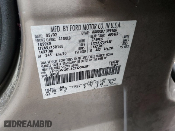 2002 Ford F-250 XL with VIN 1FTNW20S62ED38381, listed as a Copart auction lot 44265915 with 131,549 mi miles and Salvage Title. Bid and sale history available at DreamBid. Image 14.