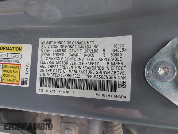 2024 Honda Civic Sport z VIN 2HGFE2F56RH513922, wystawiony jako IAAI lot #41320408 z przebiegiem 32 028 mil mil oraz . Historia ofert i sprzedaży dostępna na DreamBid. Obrazek 9.