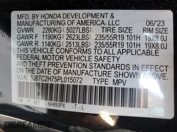 2023 Acura RDX w/Advance Package with VIN 5J8TC2H75PL015072, listed as a Copart auction lot 75234804 with 6,977 mi miles and Salvage Title. Bid and sale history available at carsss.com. Image 14.