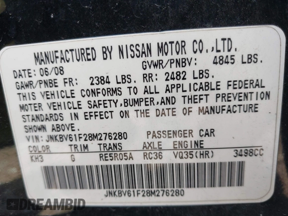 2008 Infiniti G35 Sedan x with VIN JNKBV61F28M276280, listed as a IAAI auction lot 41918513 with 122,201 mi miles. Bid and sale history available at carsss.com. Image 9.