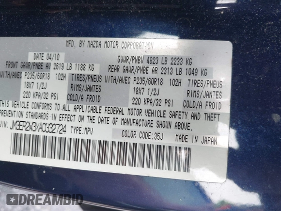 2010 Mazda CX-7 Touring with VIN JM3ER2W3XA0332724, listed as a IAAI auction lot 42039145 with 207,984 mi miles. Bid and sale history available at carsss.com. Image 9.