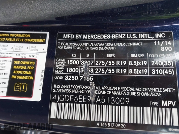 2015 Mercedes-Benz GL-Class GL 450 with VIN 4JGDF6EE9FA513009, listed as a IAAI auction lot 41311164 with 121,185 mi miles. Bid and sale history available at carsss.com. Image 9.