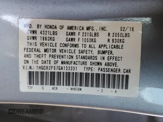 2016 Honda Accord Sport с VIN 1HGCR2F57GA133331, выставлен на аукционе Copart как лот 61716265 с пробегом 64 216 миль миль и Списание • Salvage title. История ставок и продаж доступна на DreamBid. Изображение 13.