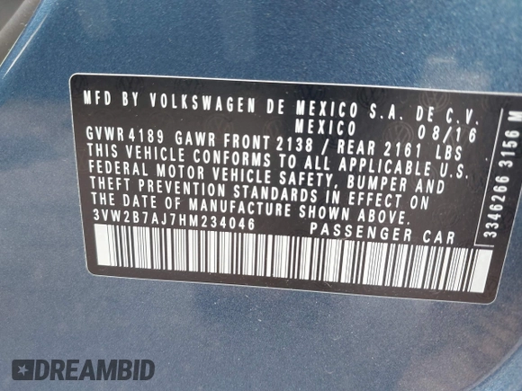 2017 Volkswagen Jetta S с VIN 3VW2B7AJ7HM234046, выставлен на аукционе IAAI как лот 42191227 с пробегом 46 258 миль миль и . История ставок и продаж доступна на DreamBid. Изображение 9.