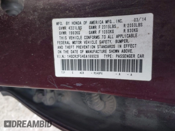 2014 Honda Accord Sedan Sport with VIN 1HGCR2F54EA189529, listed as a IAAI auction lot 42041263 with 376,477 mi miles. Bid and sale history available at carsss.com. Image 9.