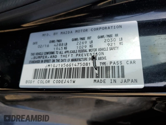 2016 Mazda Mazda6 i Touring with VIN JM1GJ1V56G1475081, listed as a Copart auction lot 54123615 with 72,502 mi miles and Salvage Title. Bid and sale history available at carsss.com. Image 12.