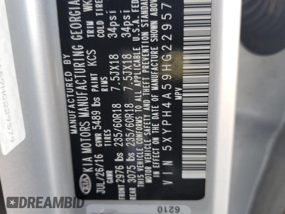2017 Kia Sorento EX V6 with VIN 5XYPH4A59HG229579, listed as a Copart auction lot 41454795 with 67,064 mi miles and Non Repairable. Bid and sale history available at carsss.com. Image 14.