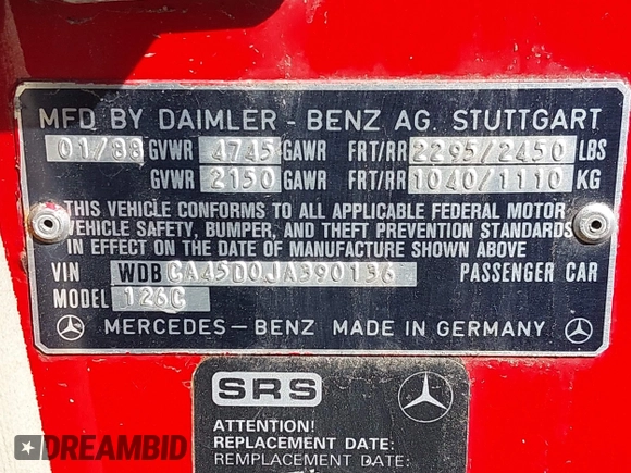 1988 Mercedes-Benz 560 with VIN WDBCA45D0JA390136, listed as a IAAI auction lot 42072781 with 126,325 mi miles and . Bid and sale history available at DreamBid. Image 9.