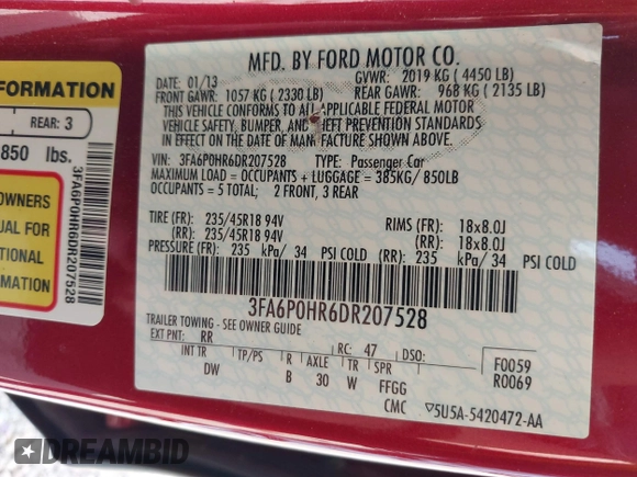 2013 Ford Fusion SE with VIN 3FA6P0HR6DR207528, listed as a IAAI auction lot 42097367 with 130,651 mi miles. Bid and sale history available at carsss.com. Image 9.