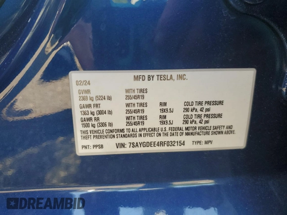 2024 Tesla Model Y Long Range with VIN 7SAYGDEE4RF032154, listed as a Copart auction lot 61973635 with 10,022 mi miles and Salvage title. Bid and sale history available at DreamBid. Image 14.