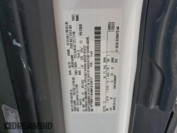 2021 Ford Transit Cargo with VIN 1FTBR1Y84MKA35617, listed as a Copart auction lot 56629234 with Not provided miles and . Bid and sale history available at DreamBid. Image 14.