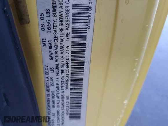 2006 Volkswagen Beetle z VIN 3VWRR31C56M401716, wystawiony jako Copart lot #78274844 z przebiegiem 185 514 mil mil oraz Szkoda całkowita • Salvage title. Historia ofert i sprzedaży dostępna na DreamBid. Obrazek 12.