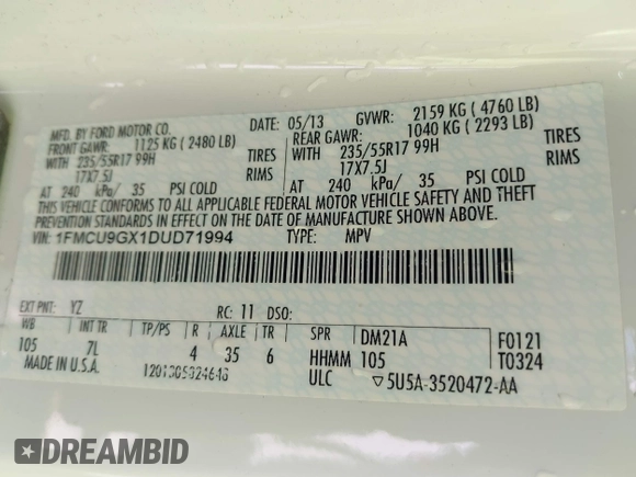 2013 Ford Escape SE with VIN 1FMCU9GX1DUD71994, listed as a IAAI auction lot 41748412 with 155,239 mi miles. Bid and sale history available at carsss.com. Image 9.