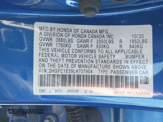 2020 Honda Civic Si with VIN 2HGFC1E59LH707904, listed as a IAAI auction lot 41621372 with 112,077 mi miles and . Bid and sale history available at DreamBid. Image 9.