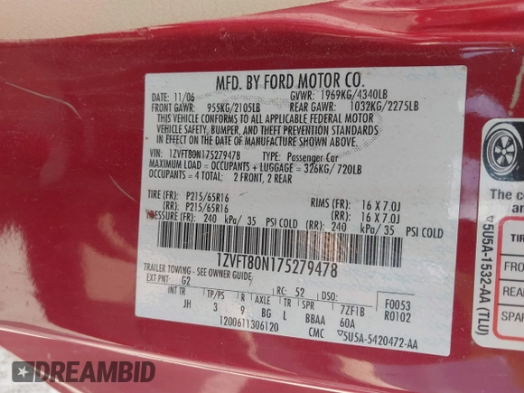 2007 Ford Mustang Deluxe with VIN 1ZVFT80N175279478, listed as a IAAI auction lot 42105526 with 167,176 mi miles. Bid and sale history available at carsss.com. Image 9.