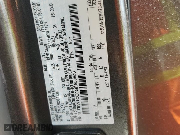 2016 Ford F-150 XL with VIN 1FTEW1CG0GFA50858, listed as a Copart auction lot 52341755 with 76,540 mi miles and Salvage title. Bid and sale history available at DreamBid. Image 13.