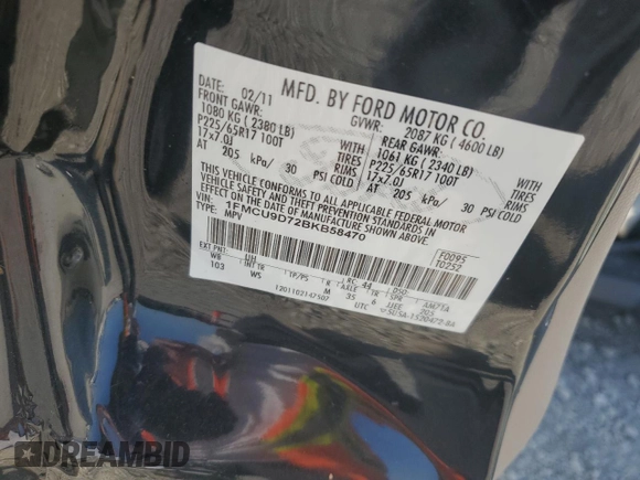 2011 Ford Escape XLT with VIN 1FMCU9D72BKB58470, listed as a Copart auction lot 63605455 with Not provided miles and Salvage title. Bid and sale history available at DreamBid. Image 13.