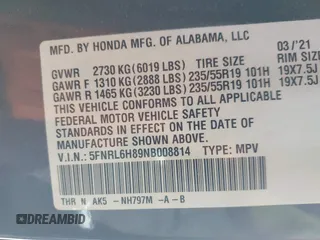 2022 Honda Odyssey Touring with VIN 5FNRL6H89NB008814, listed as a IAAI auction lot 42597738 with 49,933 mi miles and . Bid and sale history available at DreamBid. Image 9.