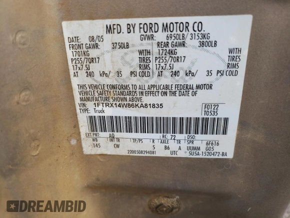 2006 Ford F-150 STX with VIN 1FTRX14W86KA81835, listed as a Copart auction lot 43659865 with 124,713 mi miles and Salvage Title. Bid and sale history available at carsss.com. Image 12.
