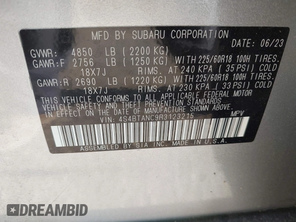 2024 Subaru Outback Limited with VIN 4S4BTANC9R3123215, listed as a IAAI auction lot 42576586 with 7,866 mi miles and . Bid and sale history available at DreamBid. Image 9.