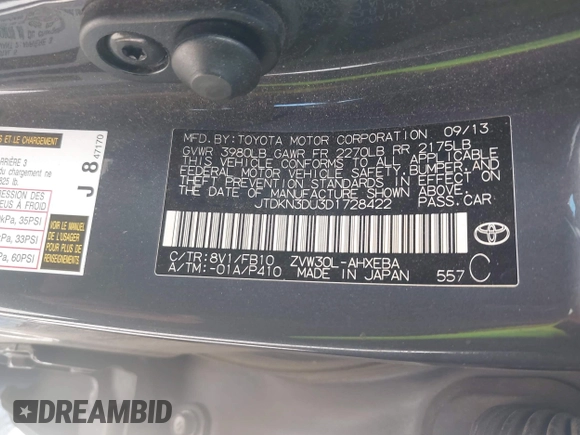 2013 Toyota Prius One with VIN JTDKN3DU3D1728422, listed as a IAAI auction lot 42121555 with 154,830 mi miles and . Bid and sale history available at DreamBid. Image 9.