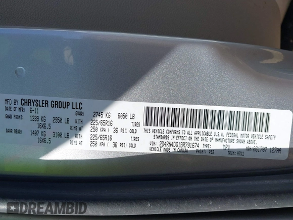 2011 Dodge Grand Caravan SXT with VIN 2D4RN4DG1BR791674, listed as a IAAI auction lot 41794699 with 164,519 mi miles and . Bid and sale history available at DreamBid. Image 9.