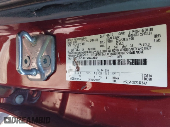 2015 Ford Escape SE with VIN 1FMCU9GX7FUC33881, listed as a IAAI auction lot 41397702 with 157,914 mi miles. Bid and sale history available at carsss.com. Image 9.