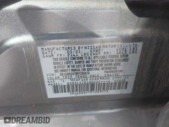 2021 Nissan Sentra SR with VIN 3N1AB8DV7MY289475, listed as a IAAI auction lot 41605026 with 53,954 mi miles and . Bid and sale history available at DreamBid. Image 9.