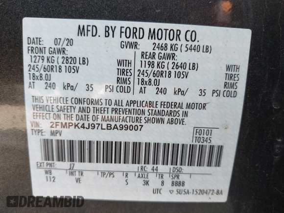 2020 Ford Edge SEL with VIN 2FMPK4J97LBA99007, listed as a IAAI auction lot 42723535 with 23,935 mi miles and . Bid and sale history available at DreamBid. Image 9.