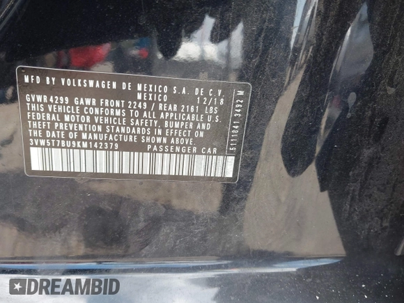 2019 Volkswagen Jetta GLI S with VIN 3VW5T7BU9KM142379, listed as a IAAI auction lot 42056617 with 77,283 mi miles and . Bid and sale history available at DreamBid. Image 9.