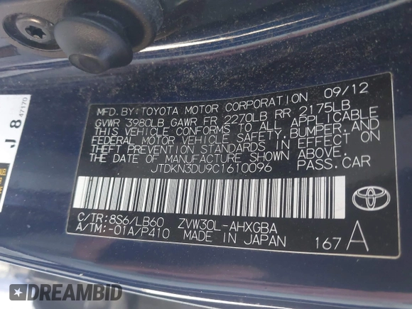 2012 Toyota Prius One with VIN JTDKN3DU9C1610096, listed as a IAAI auction lot 41980917 with 216,546 mi miles and . Bid and sale history available at carsss.com. Image 9.