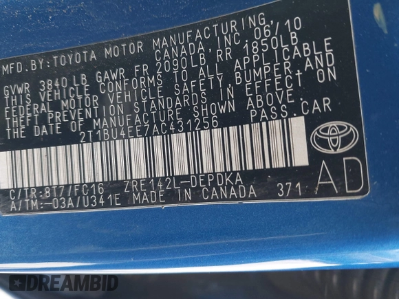 2010 Toyota Corolla z VIN 2T1BU4EE7AC431256, wystawiony jako IAAI lot #41841052 z przebiegiem 221 003 mil mil oraz . Historia ofert i sprzedaży dostępna na DreamBid. Obrazek 9.