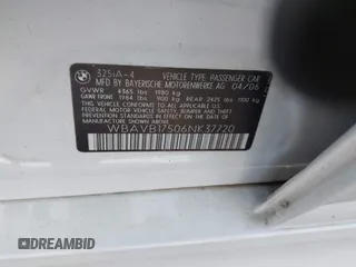 2006 BMW 3 Series 325i with VIN WBAVB17506NK37720, listed as a IAAI auction lot 42489785 with Not provided miles and . Bid and sale history available at DreamBid. Image 9.