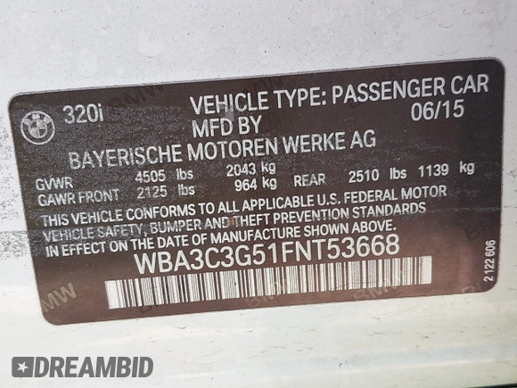 2015 BMW 3 Series 320i xDrive z VIN WBA3C3G51FNT53668, wystawiony jako IAAI lot #42428646 z przebiegiem 53 789 mil mil oraz . Historia ofert i sprzedaży dostępna na DreamBid. Obrazek 9.