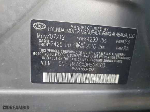 2013 Hyundai Sonata GLS with VIN 5NPEB4ACXDH524183, listed as a Copart auction lot 77892044 with 126,035 mi miles and Salvage Title. Bid and sale history available at carsss.com. Image 13.