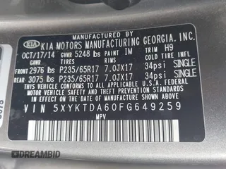 2015 Kia Sorento LX with VIN 5XYKTDA60FG649259, listed as a IAAI auction lot 41935821 with 161,046 mi miles and . Bid and sale history available at DreamBid. Image 9.