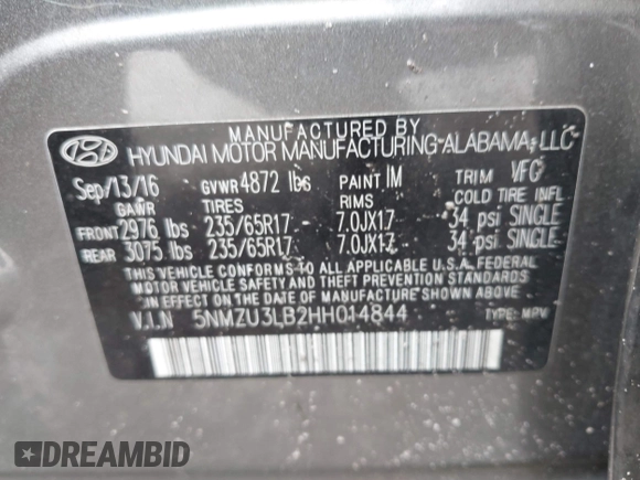 2017 Hyundai Santa Fe 2.4L with VIN 5NMZU3LB2HH014844, listed as a IAAI auction lot 42657624 with 93,533 mi miles and . Bid and sale history available at DreamBid. Image 9.