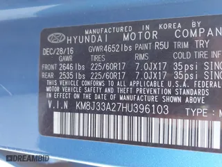 2017 Hyundai Tucson Value with VIN KM8J33A27HU396103, listed as a IAAI auction lot 41658990 with 82,625 mi miles. Bid and sale history available at carsss.com. Image 9.