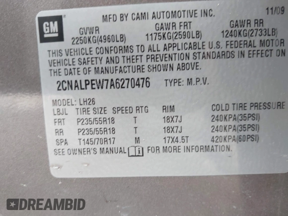 2010 Chevrolet Equinox 2LT with VIN 2CNALPEW7A6270476, listed as a IAAI auction lot 42231380 with 185,726 mi miles and . Bid and sale history available at DreamBid. Image 9.