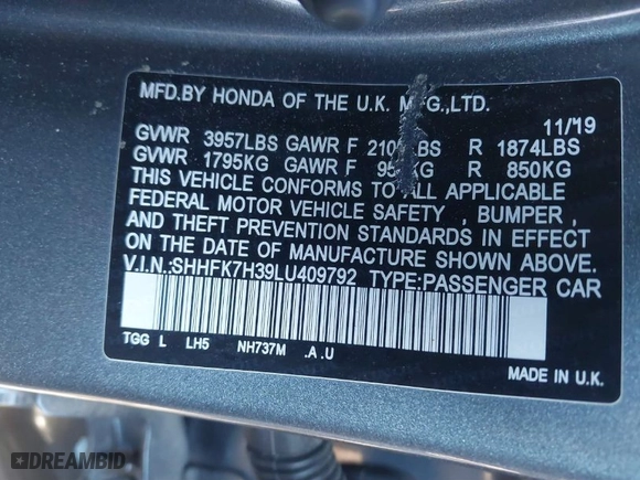 2020 Honda Civic Hatchback LX with VIN SHHFK7H39LU409792, listed as a IAAI auction lot 41288123 with 89,823 mi miles. Bid and sale history available at carsss.com. Image 9.